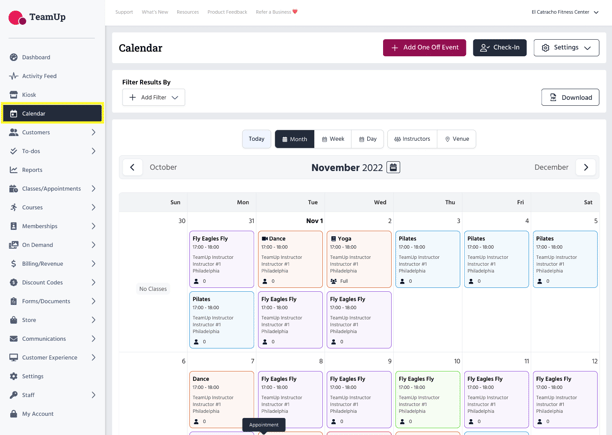 The Calendar on a TeamUp business account.