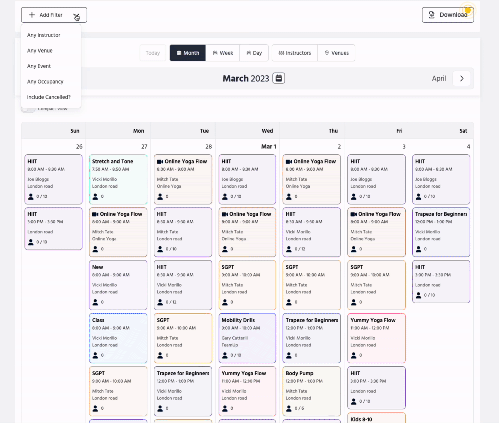 The instructor filter on the business Calendar.