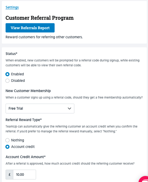 Customer referral program in TeamUp