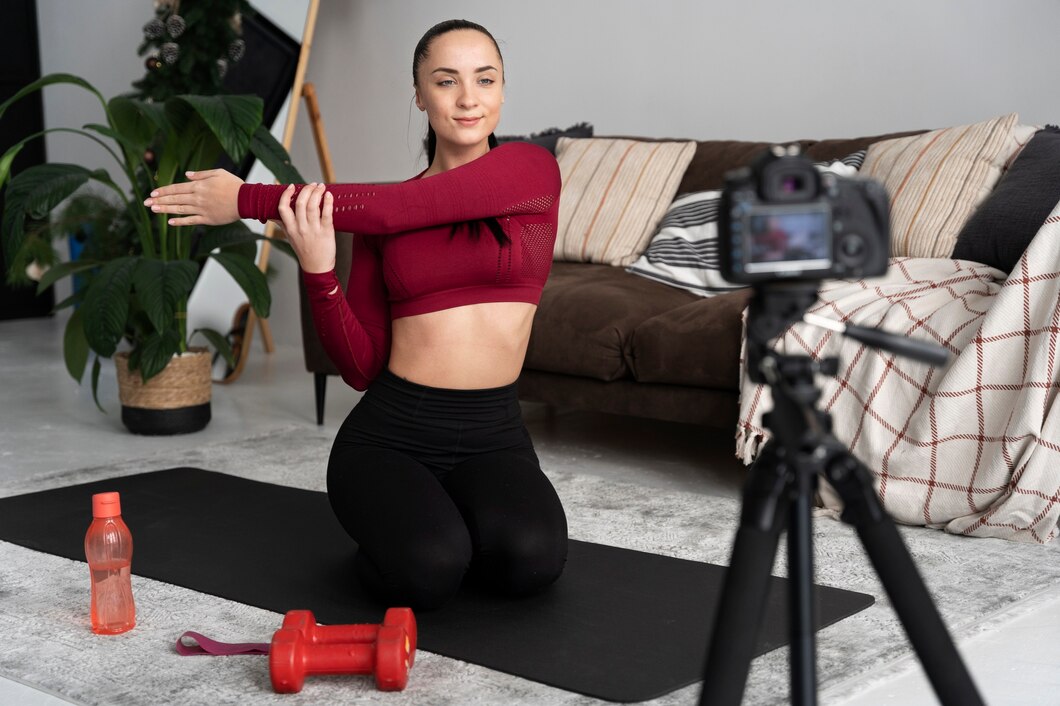 A woman filming exercises for content for her fitness YouTube channel.