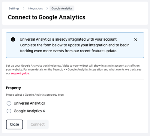 Google Analytics TeamUp integration settings