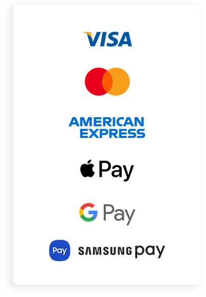 Accepted in-person payment methods: Visa, Mastercard, Amex, Apple Pay, Google Pay, and Samsung Pay.