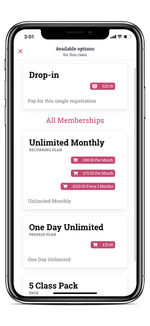 image of the member app membership option page