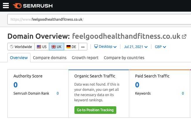The domain overview of Feel Good Health & Fitness on SEMrush