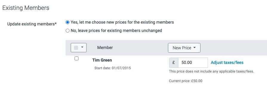 Existing member price changes in TeamUp