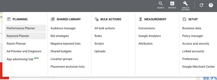 Finding Keyword Planner on Google Ads