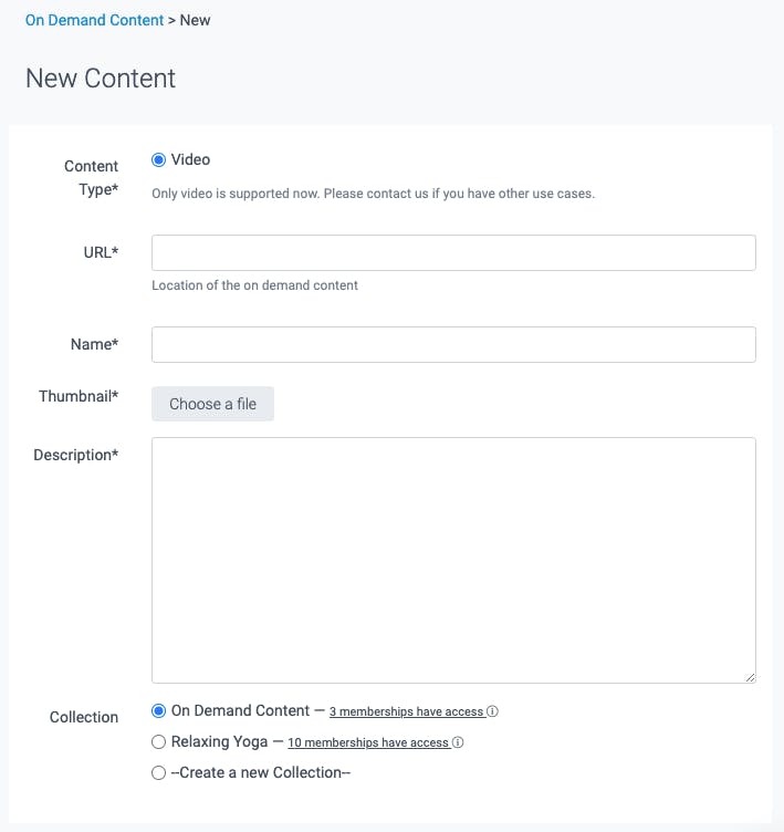 new content form in the on demand library settings