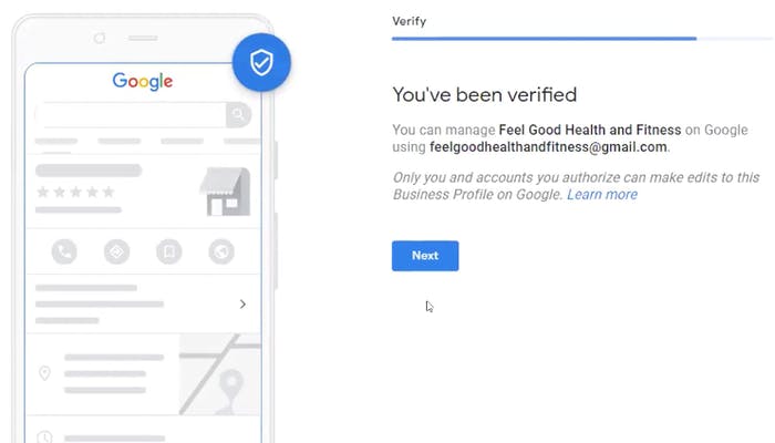 Confirmation that your business is verified on Google My Business