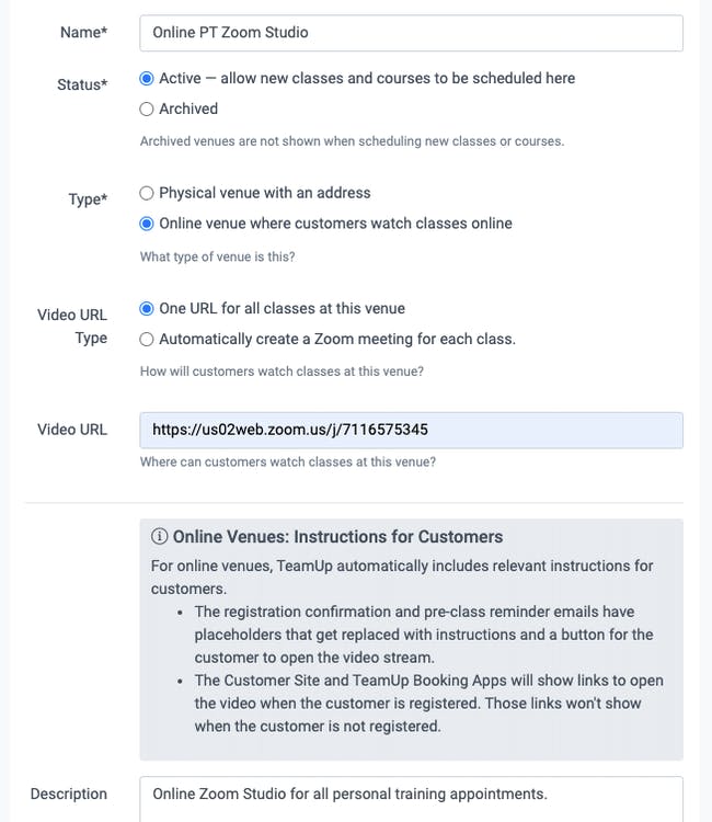 creating an online zoom venue