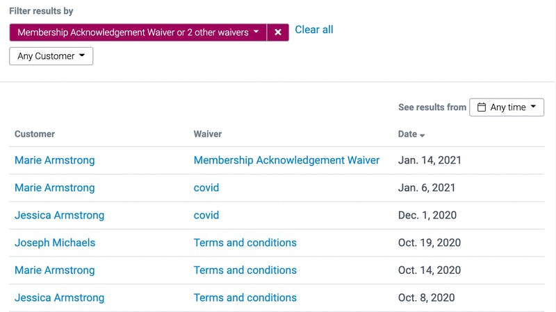 image of the full waivers report with multiple filters 