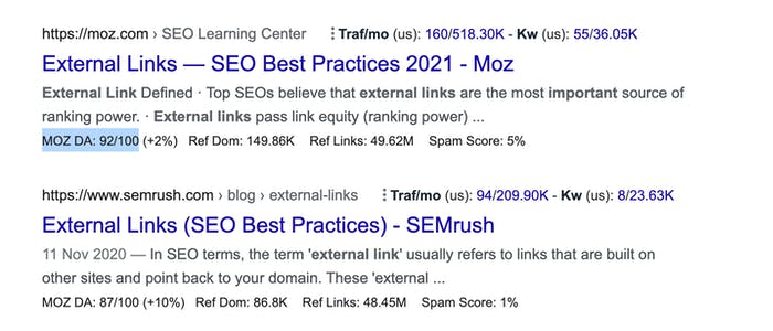 An external link on Google with a high DA identified by Moz