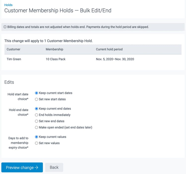 image of membership hold details 