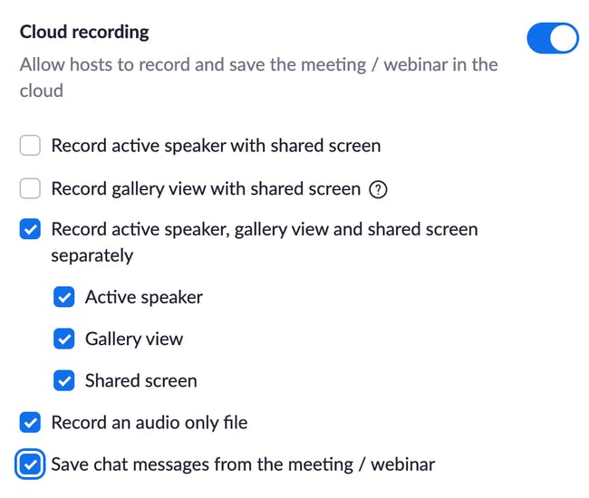 image of the cloud recording settings in Zoom