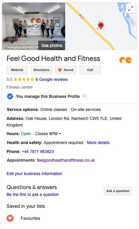 Clare's completed Google My Business listing 