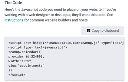 Javascript code to embed TeamUp into your website.