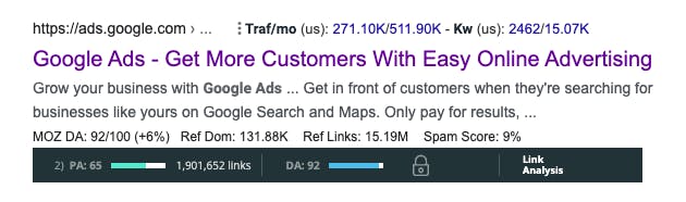 Moz showing the higher PA and higher DA of ads.google.com
