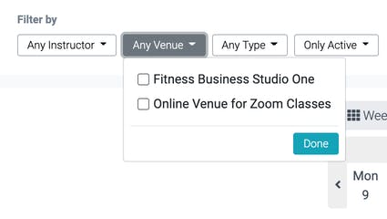 screenshot of the venue filter in the calendar