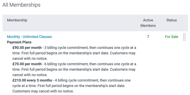image of a list of all memberships and payment plans