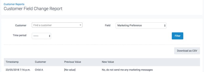 image of customer field change report in teamup