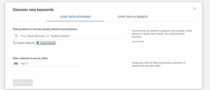 Keyword Planner search tool