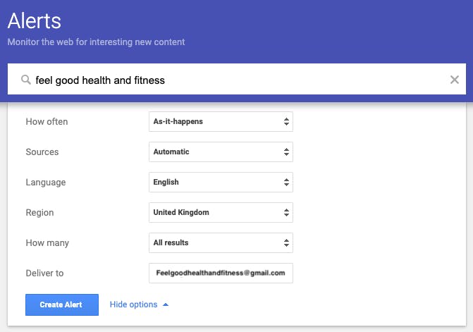 Google Alerts set up page for Feel Good Health & Fitness