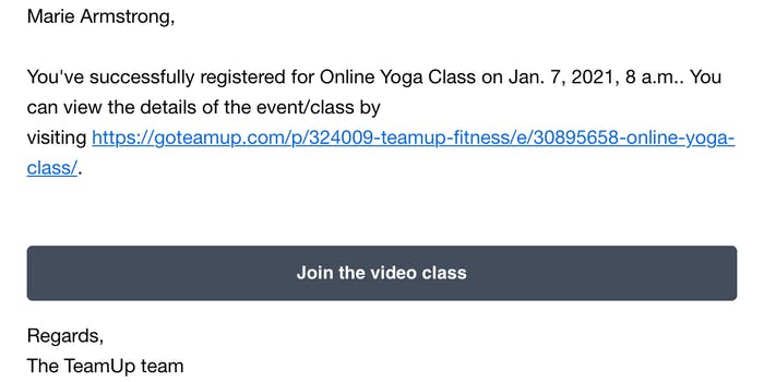image of the online class email confirmation