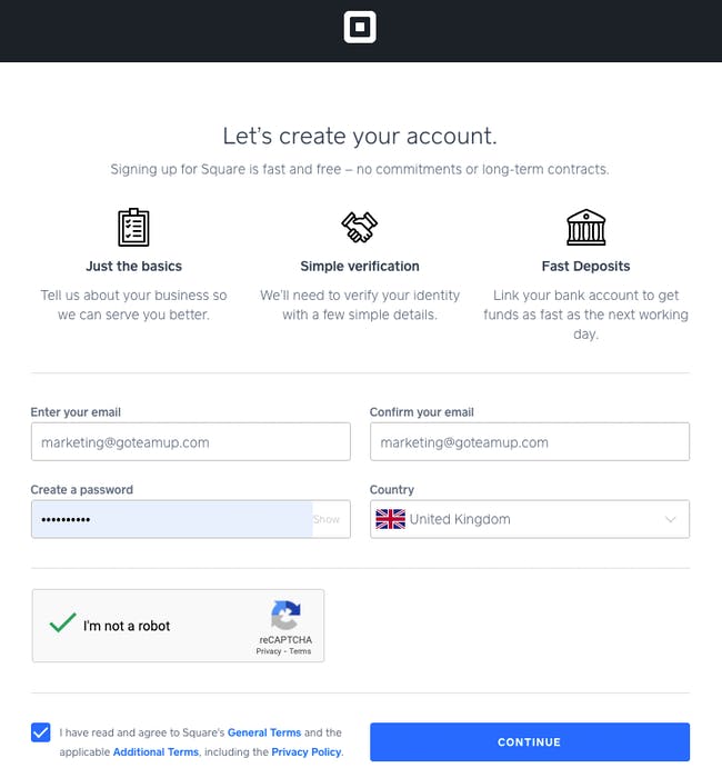 The 'Create your account' page in square