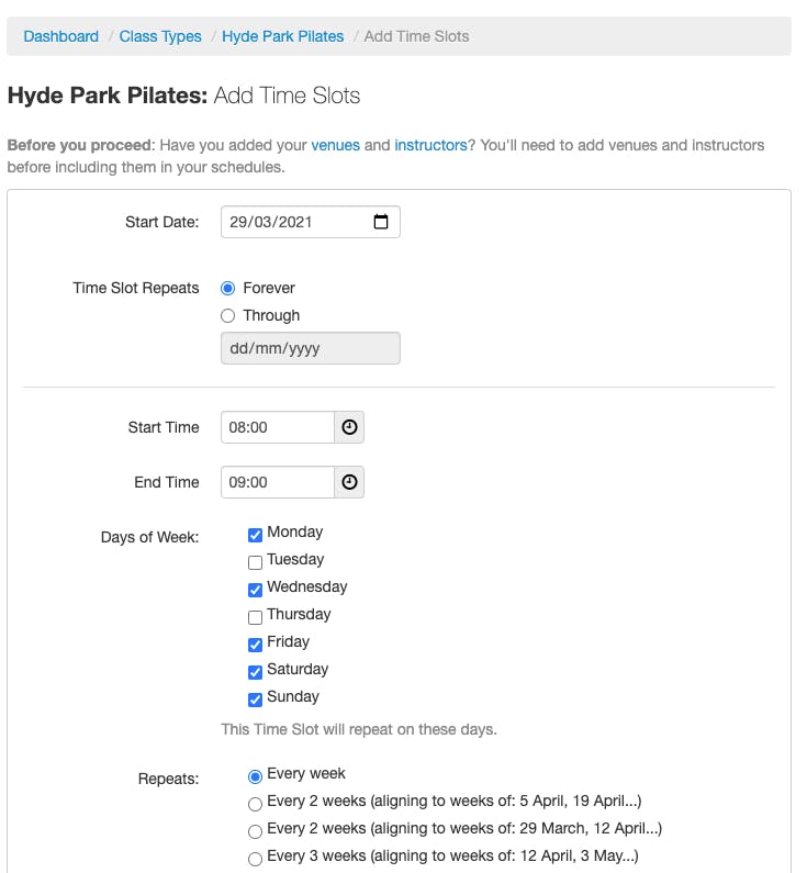 the class settings in the teamup dashboard