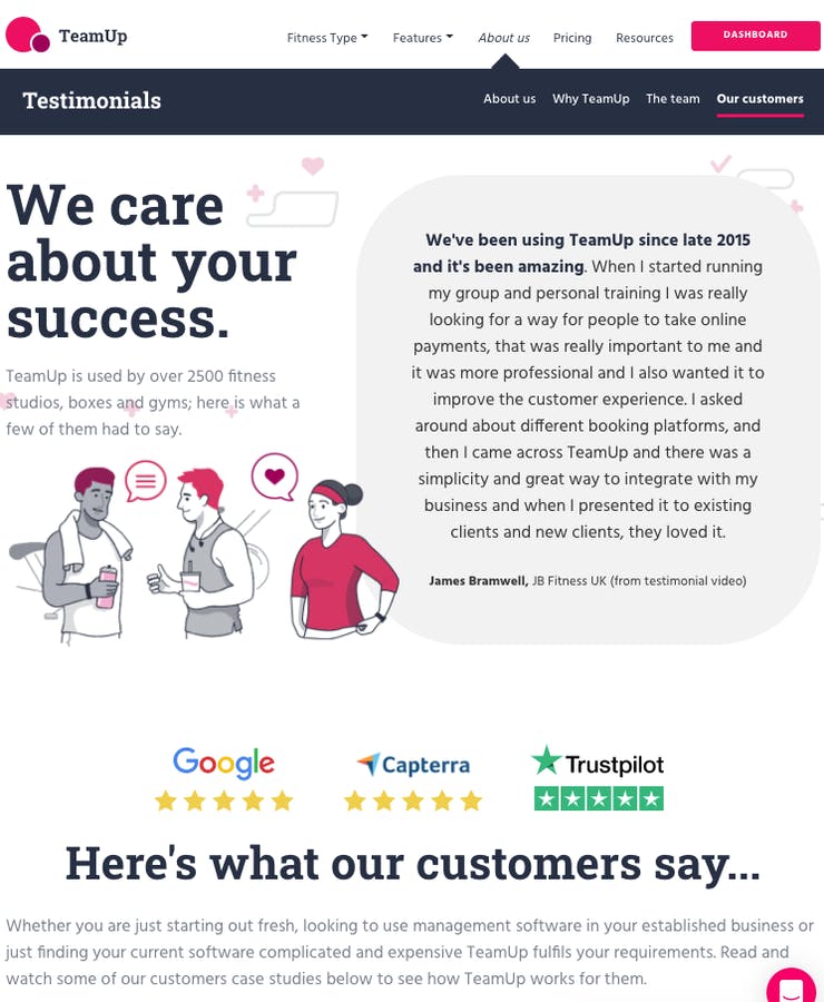 teamup testimonial page