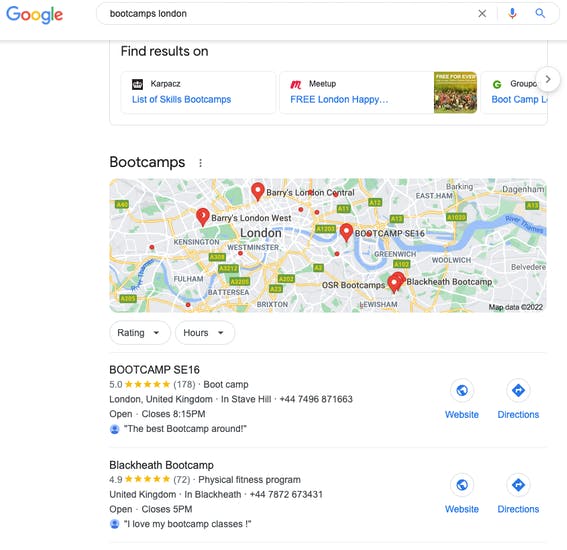 A search result on Google Maps and Google My Business 