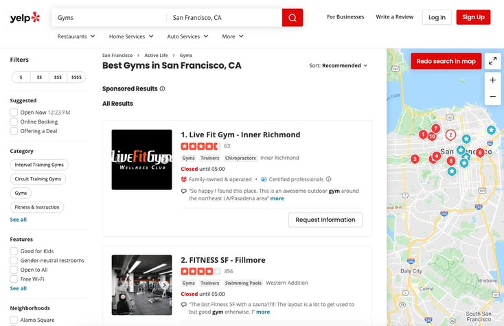 Yelp search results in San Francisco 