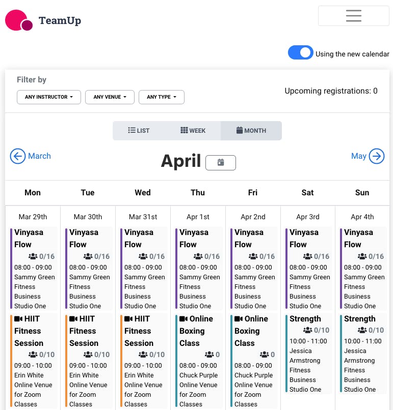 teamup customer calendar month view