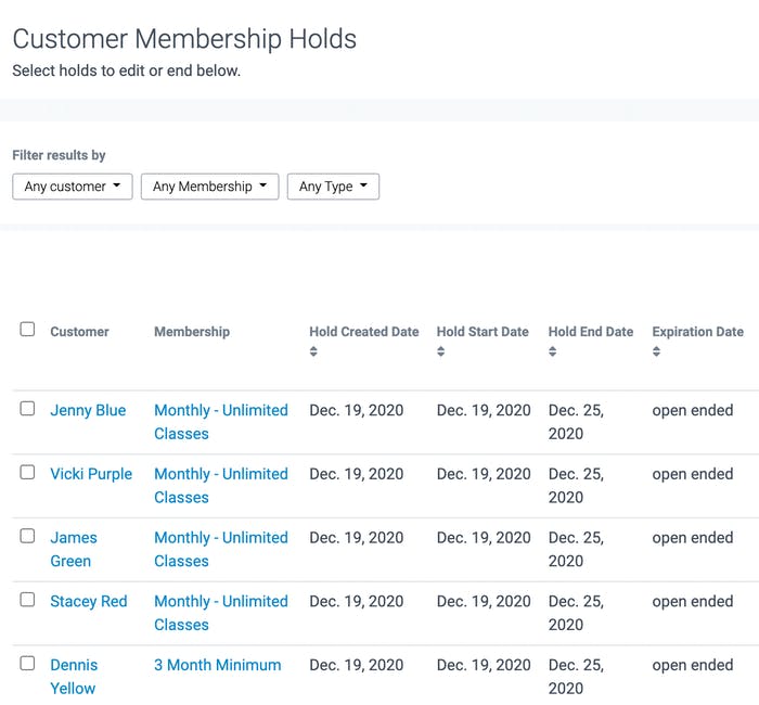image of customer membership holds page