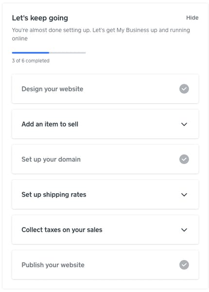 The six setup steps for your website in the Square dashboard