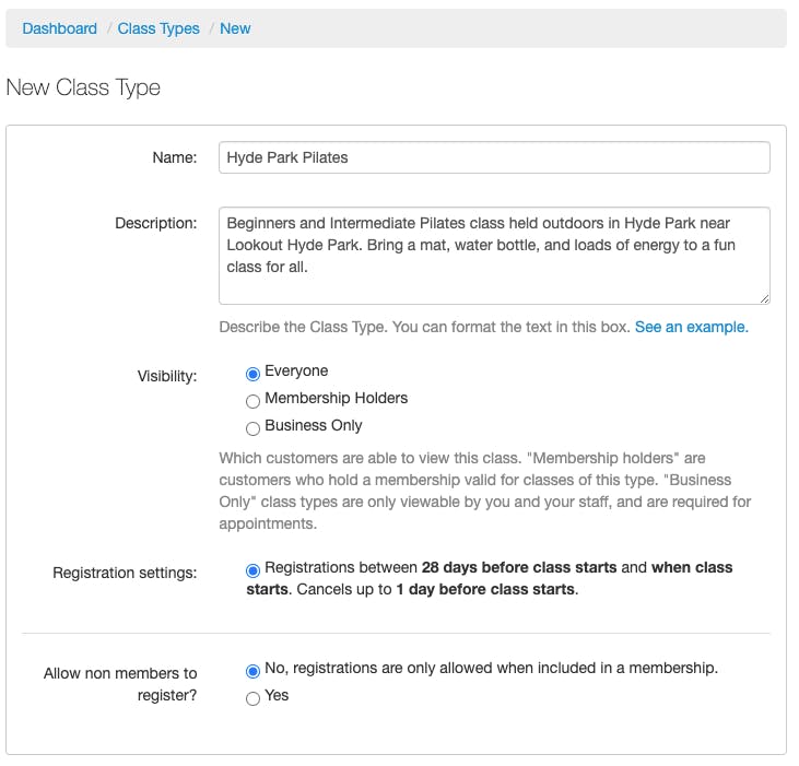 creating a class type in the teamup dashboard