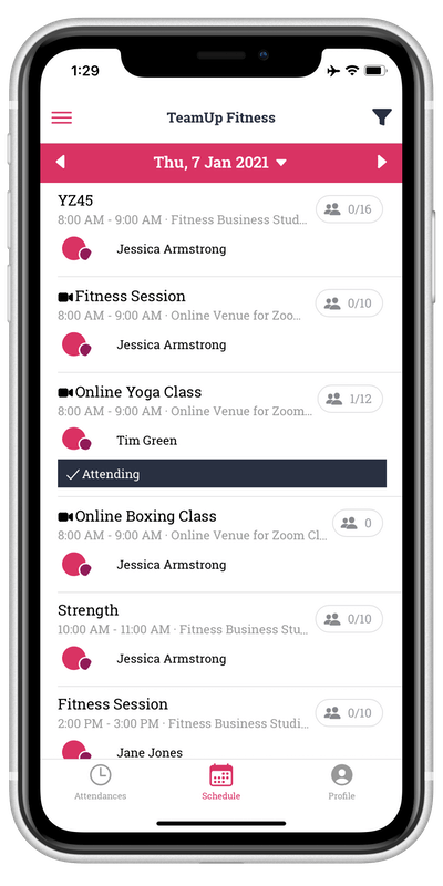 image of the online class schedule in the teamup app