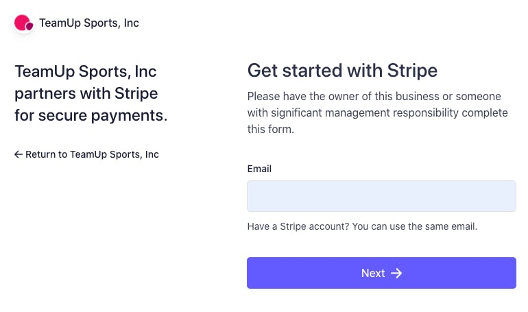 teamup page on stripe