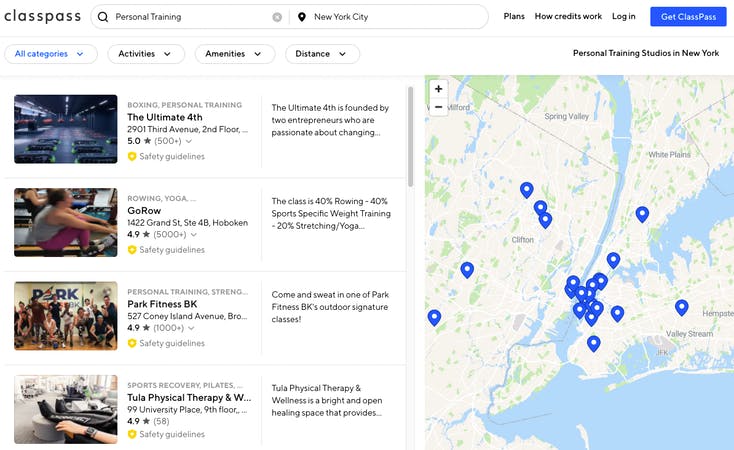 ClassPass search results in New York state