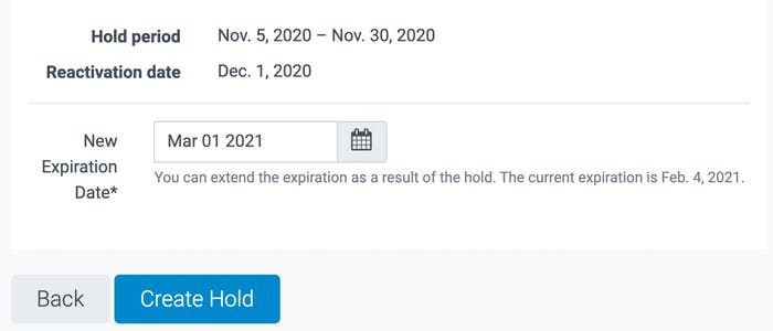 image of the hold details and period of time