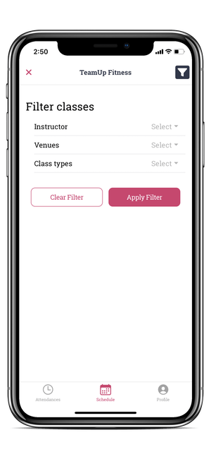 image of the member app filter classes page