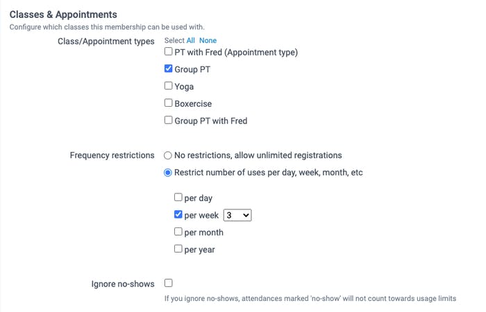 How to configure which classes can be used with this membership plan