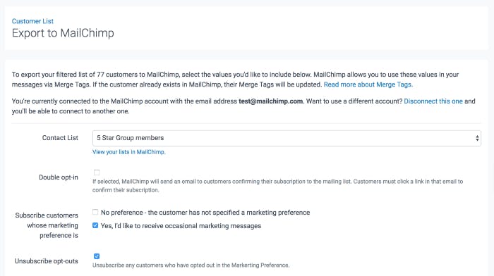 image of customer list export to MailChimp