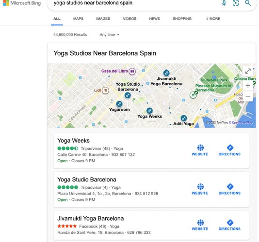 Microsoft Bing searh results in Barcelona 