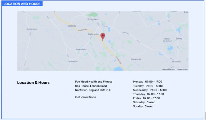 Google map image and detailed operating hours for Feel Good Health & Fitness
