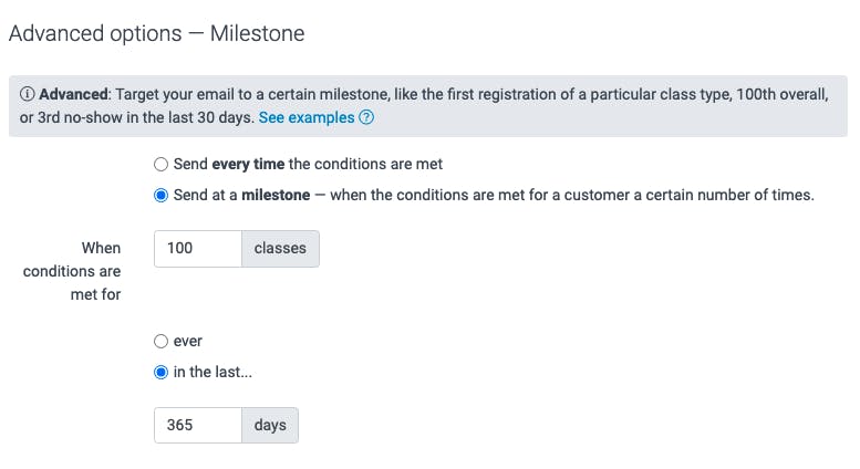 image of the advanced options to create a milestone email