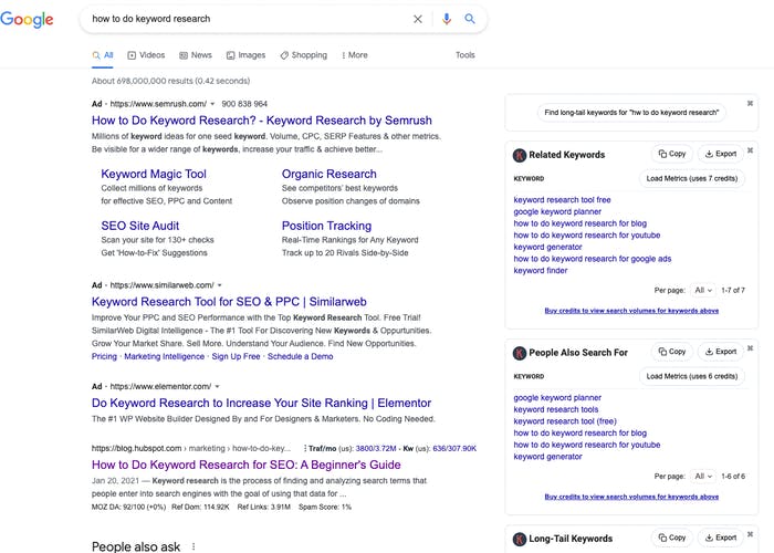 How Google results show up with Keywords Everywhere extension installed 
