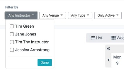 screenshot of the instructor filter in the calendar