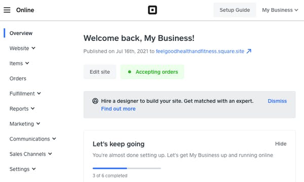 The set-up guide section in the Square dashboard