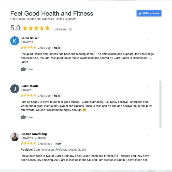 Customer testimonials about Feel Good Health and Fitness on Google