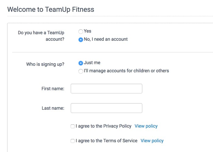 image of TeamUp's privacy policy form